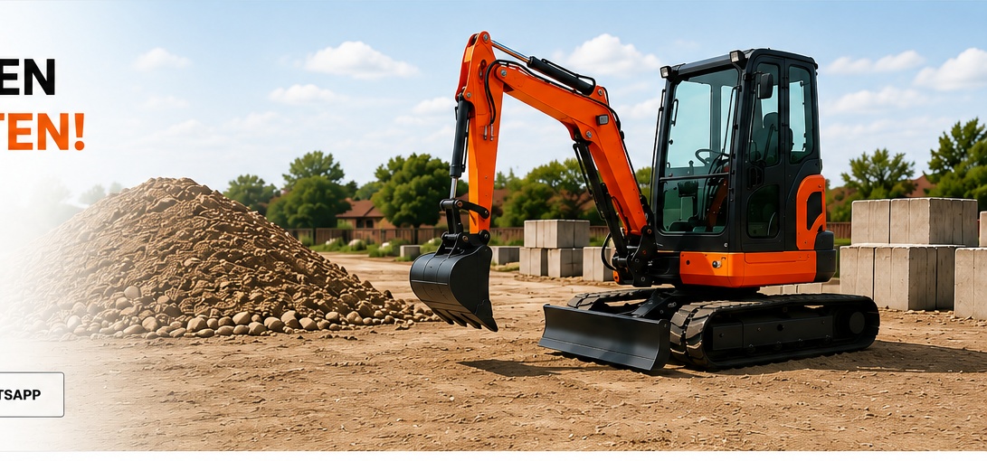 Minibagger und Sandhaufen auf der Baustelle